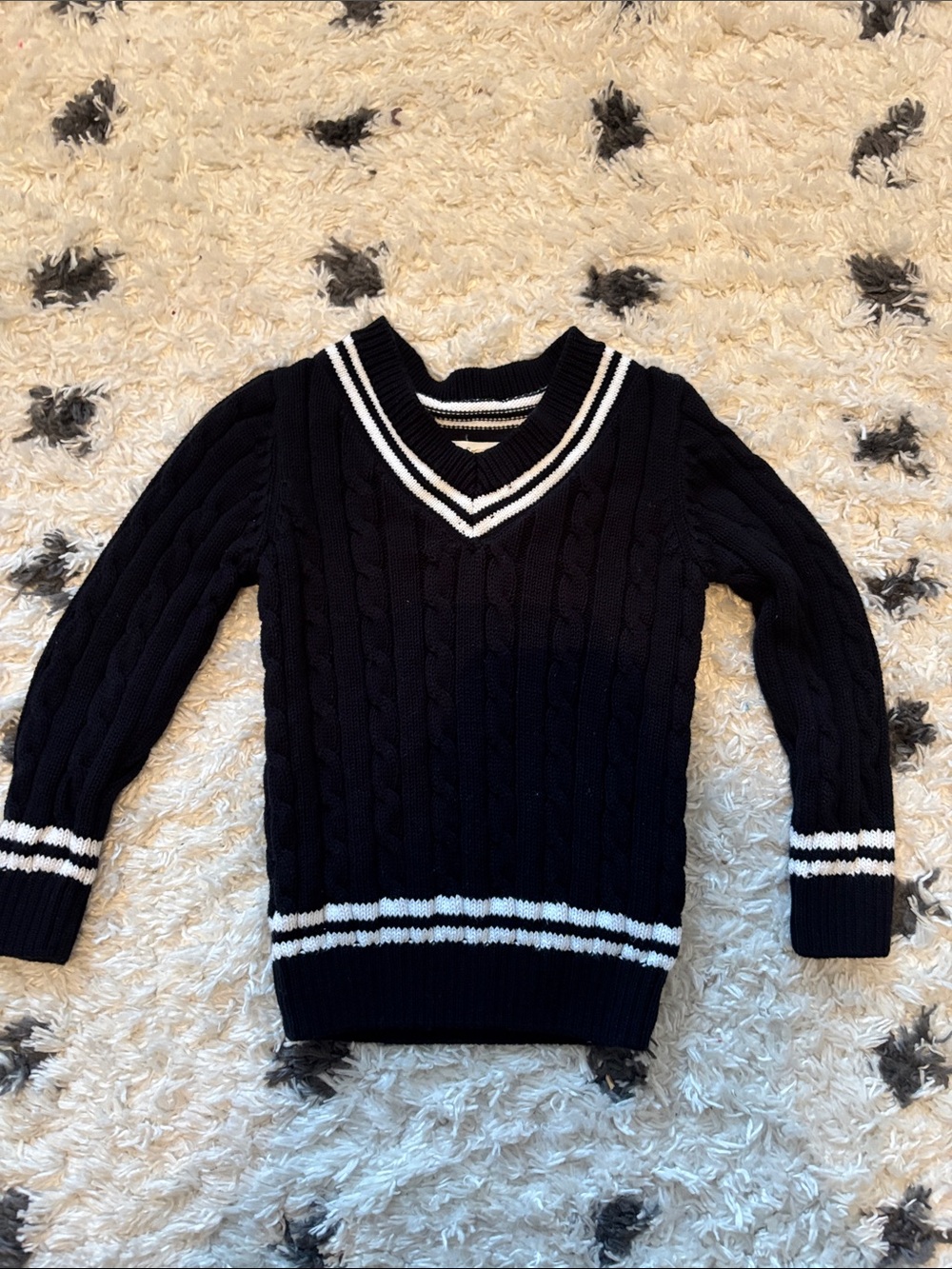 Kids V-Neck Cable Knit Sweater with Contrast Stripes - Black
